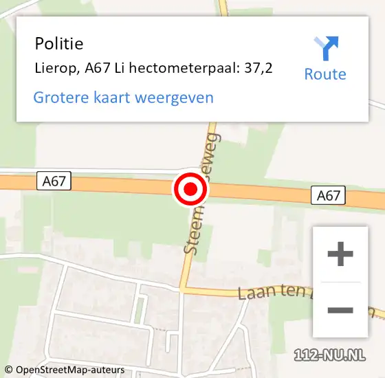 Locatie op kaart van de 112 melding: Politie Lierop, A67 Li hectometerpaal: 35,4 op 13 maart 2018 08:07