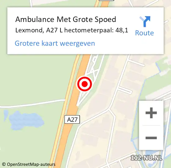 Locatie op kaart van de 112 melding: Ambulance Met Grote Spoed Naar Lexmond, A27 L hectometerpaal: 48,1 op 14 maart 2018 22:53