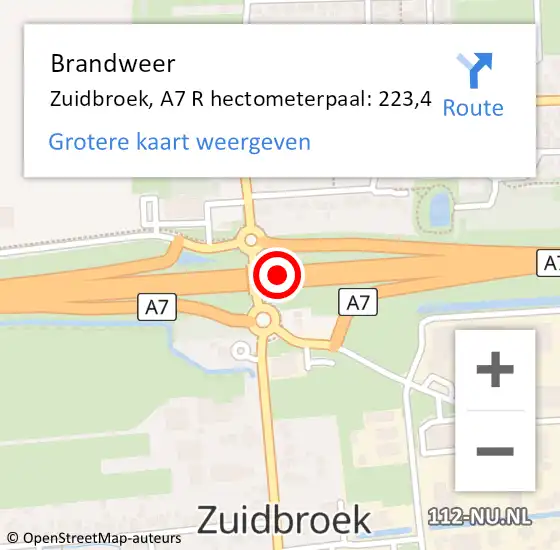 Locatie op kaart van de 112 melding: Brandweer Zuidbroek, A7 R hectometerpaal: 223,4 op 16 maart 2018 17:05