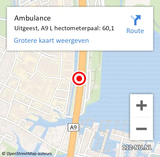 Locatie op kaart van de 112 melding: Ambulance Uitgeest, A9 L hectometerpaal: 60,1 op 18 maart 2018 19:51