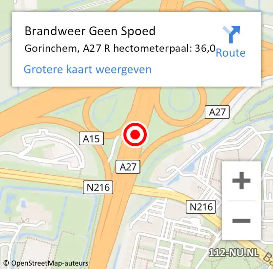 Locatie op kaart van de 112 melding: Brandweer Geen Spoed Naar Gorinchem, A27 R hectometerpaal: 36,0 op 19 maart 2018 00:18