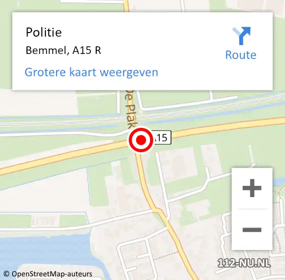 Locatie op kaart van de 112 melding: Politie Bemmel, A15 R op 19 maart 2018 08:04