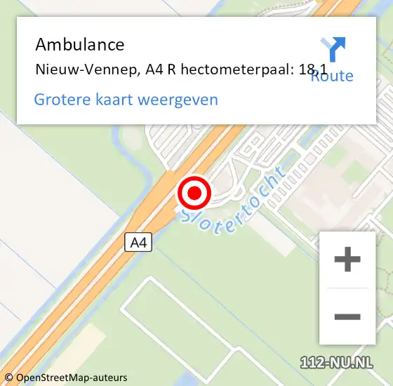 Locatie op kaart van de 112 melding: Ambulance Nieuw-Vennep, A4 R hectometerpaal: 18,1 op 19 maart 2018 15:17