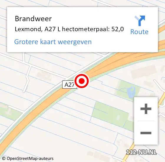 Locatie op kaart van de 112 melding: Brandweer Lexmond, A27 L hectometerpaal: 52,0 op 19 maart 2018 15:30