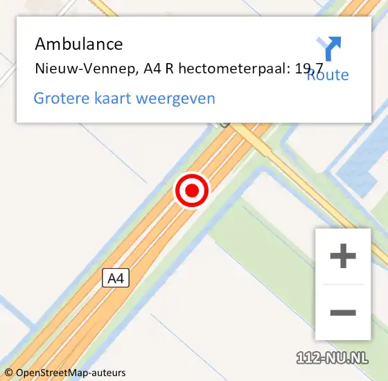 Locatie op kaart van de 112 melding: Ambulance Nieuw-Vennep, A4 R hectometerpaal: 19,7 op 21 maart 2018 15:48