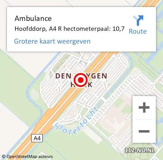 Locatie op kaart van de 112 melding: Ambulance Hoofddorp, A4 R hectometerpaal: 10,7 op 22 maart 2018 10:01