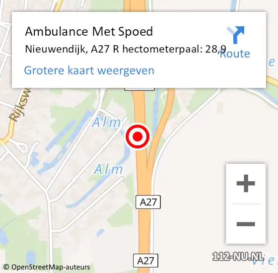 Locatie op kaart van de 112 melding: Ambulance Met Spoed Naar Nieuwendijk, A27 R hectometerpaal: 28,9 op 23 maart 2018 17:35