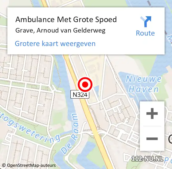 Locatie op kaart van de 112 melding: Ambulance Met Grote Spoed Naar Grave, Arnoud van Gelderweg op 24 maart 2018 18:31
