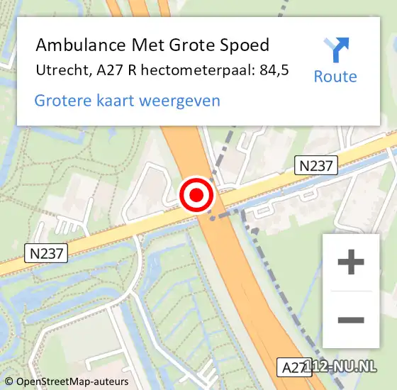 Locatie op kaart van de 112 melding: Ambulance Met Grote Spoed Naar Utrecht, A27 R hectometerpaal: 84,5 op 25 maart 2018 10:56