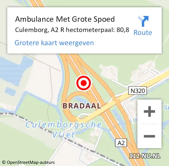 Locatie op kaart van de 112 melding: Ambulance Met Grote Spoed Naar Culemborg, A2 R hectometerpaal: 80,8 op 25 maart 2018 13:47