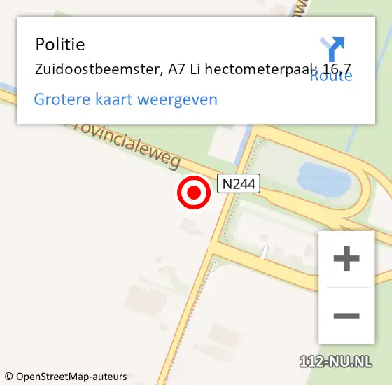 Locatie op kaart van de 112 melding: Politie Zuidoostbeemster, A7 Li hectometerpaal: 16,7 op 27 maart 2018 07:27