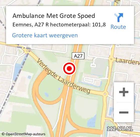 Locatie op kaart van de 112 melding: Ambulance Met Grote Spoed Naar Eemnes, A27 R hectometerpaal: 100,0 op 29 maart 2018 04:06