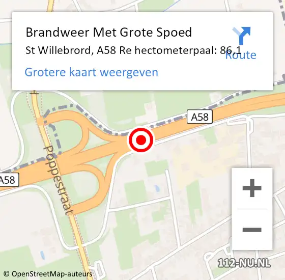 Locatie op kaart van de 112 melding: Brandweer Met Grote Spoed Naar St Willebrord, A58 R hectometerpaal: 86,5 op 29 maart 2018 13:45