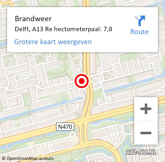 Locatie op kaart van de 112 melding: Brandweer Delft, A13 Re hectometerpaal: 7,3 op 30 maart 2018 16:23
