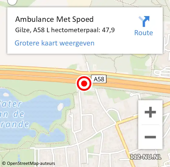 Locatie op kaart van de 112 melding: Ambulance Met Spoed Naar Gilze, A58 L hectometerpaal: 47,9 op 30 maart 2018 16:54