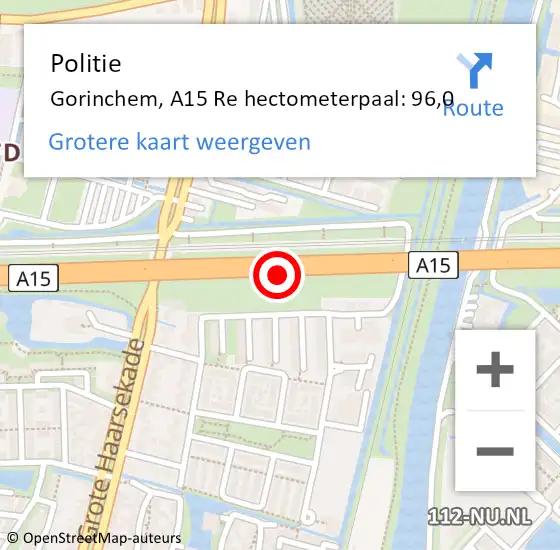 Locatie op kaart van de 112 melding: Politie Gorinchem, A15 L hectometerpaal: 96,6 op 1 april 2018 10:43