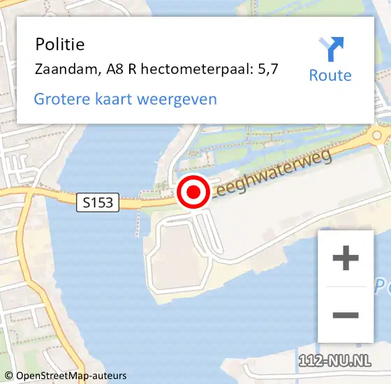 Locatie op kaart van de 112 melding: Politie Zaandam, A8 R hectometerpaal: 5,7 op 2 april 2018 09:57