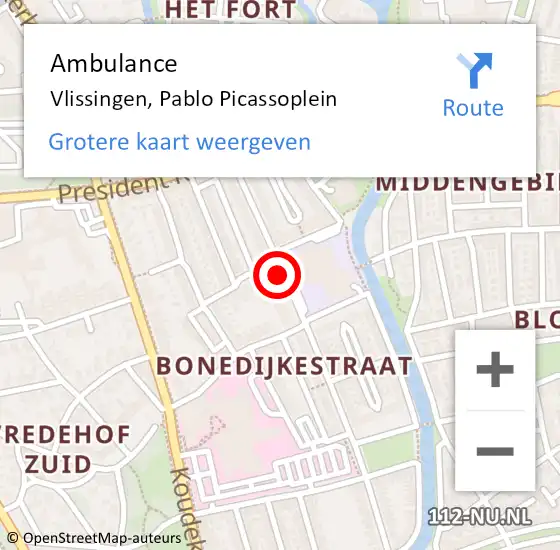Locatie op kaart van de 112 melding: Ambulance Vlissingen, Pablo Picassoplein op 4 april 2018 08:00
