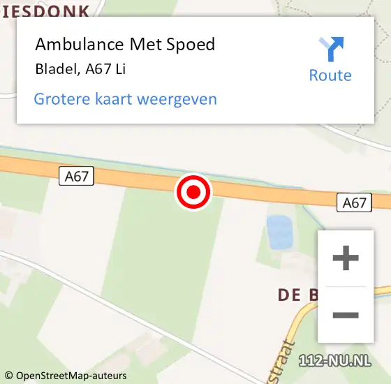 Locatie op kaart van de 112 melding: Ambulance Met Spoed Naar Eersel, A67 Li hectometerpaal: 10,0 op 4 april 2018 09:28