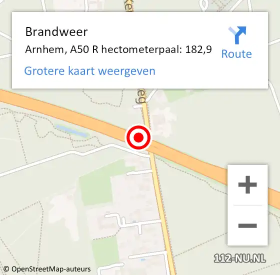 Locatie op kaart van de 112 melding: Brandweer Arnhem, A50 R hectometerpaal: 182,9 op 5 april 2018 06:35