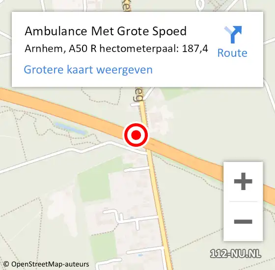 Locatie op kaart van de 112 melding: Ambulance Met Grote Spoed Naar Arnhem, A50 R hectometerpaal: 187,4 op 5 april 2018 17:34
