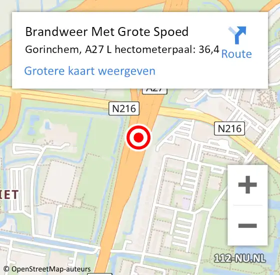 Locatie op kaart van de 112 melding: Brandweer Met Grote Spoed Naar Gorinchem, A27 L hectometerpaal: 36,4 op 5 april 2018 22:38
