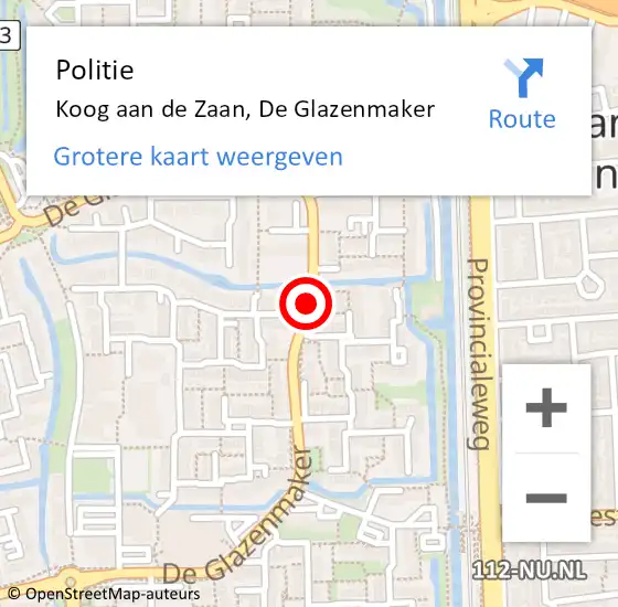 Locatie op kaart van de 112 melding: Politie Koog aan de Zaan, De Glazenmaker op 6 april 2018 09:07