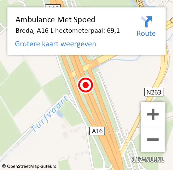 Locatie op kaart van de 112 melding: Ambulance Met Spoed Naar Breda, A16 L hectometerpaal: 69,1 op 6 april 2018 11:15