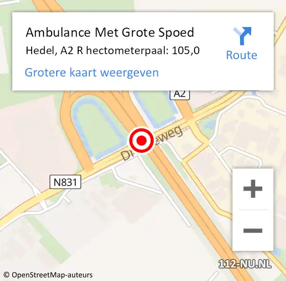 Locatie op kaart van de 112 melding: Ambulance Met Grote Spoed Naar Hedel, A2 R hectometerpaal: 105,0 op 6 april 2018 15:32