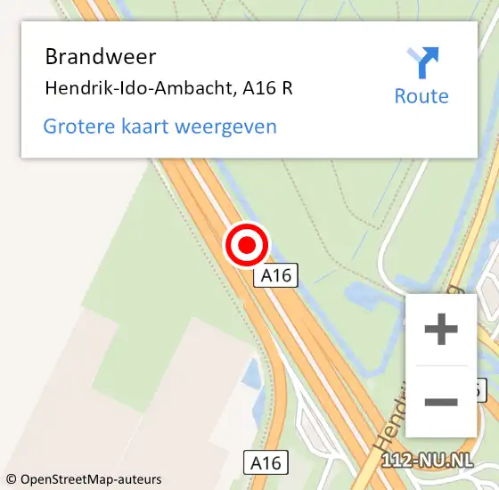Locatie op kaart van de 112 melding: Brandweer Hendrik-Ido-Ambacht, A16 R op 7 april 2018 19:14