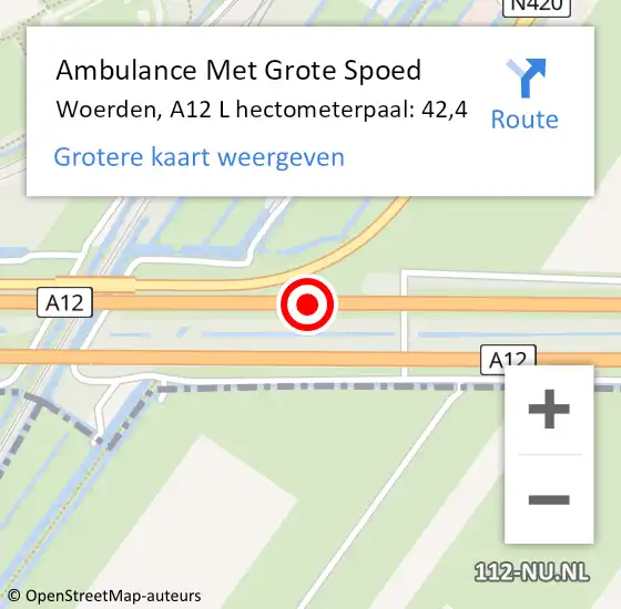 Locatie op kaart van de 112 melding: Ambulance Met Grote Spoed Naar Woerden, A12 R hectometerpaal: 42,1 op 7 april 2018 19:42