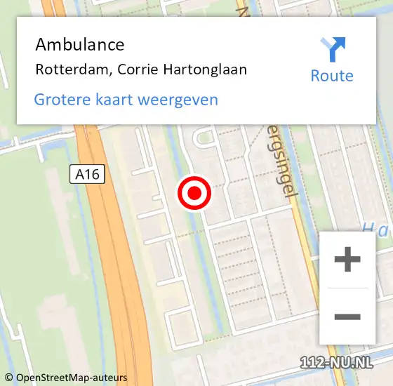 Locatie op kaart van de 112 melding: Ambulance Rotterdam, Corrie Hartonglaan op 9 april 2018 13:31