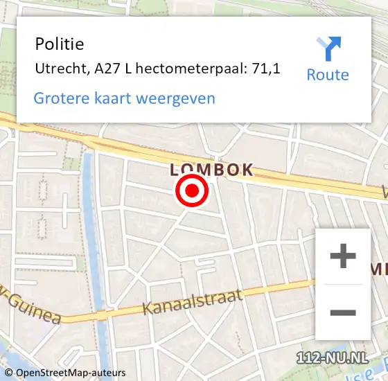 Locatie op kaart van de 112 melding: Politie Utrecht, A27 L hectometerpaal: 71,1 op 10 april 2018 11:20