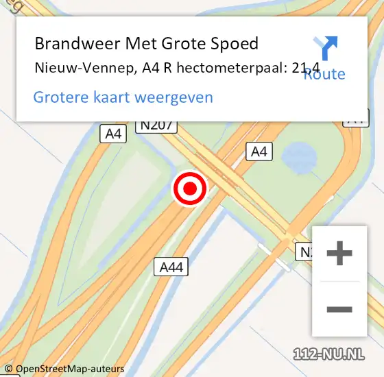 Locatie op kaart van de 112 melding: Brandweer Met Grote Spoed Naar Nieuw-Vennep, A4 R hectometerpaal: 21,4 op 11 april 2018 00:54