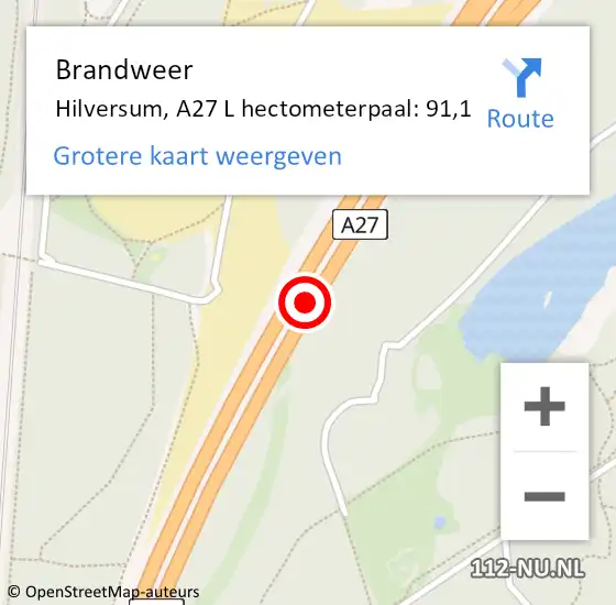 Locatie op kaart van de 112 melding: Brandweer Hilversum, A27 L hectometerpaal: 91,1 op 12 april 2018 13:54