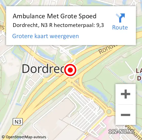 Locatie op kaart van de 112 melding: Ambulance Met Grote Spoed Naar Dordrecht, N3 R hectometerpaal: 9,3 op 12 april 2018 17:12