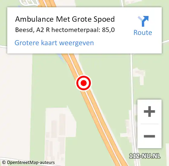 Locatie op kaart van de 112 melding: Ambulance Met Grote Spoed Naar Beesd, A2 R hectometerpaal: 85,0 op 13 april 2018 13:20