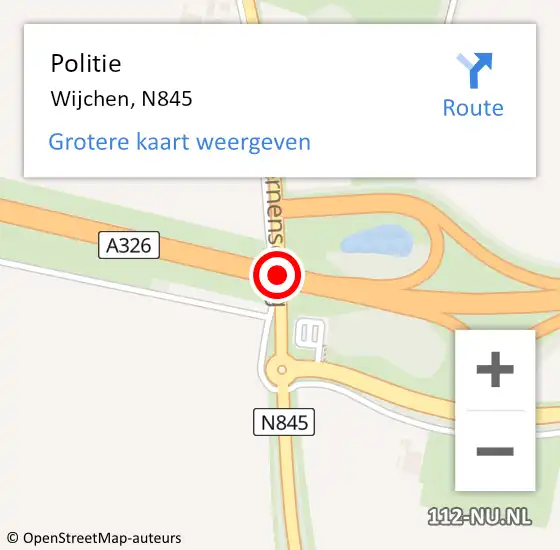 Locatie op kaart van de 112 melding: Politie Wijchen, N845 op 13 april 2018 16:53