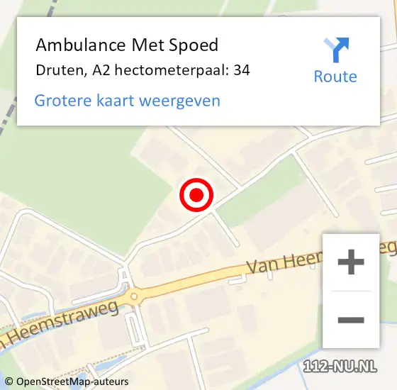 Locatie op kaart van de 112 melding: Ambulance Met Spoed Naar Druten, A2 hectometerpaal: 34 op 15 april 2018 00:39