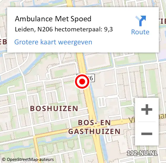 Locatie op kaart van de 112 melding: Ambulance Met Spoed Naar Leiden, N206 hectometerpaal: 9,9 op 15 april 2018 07:01