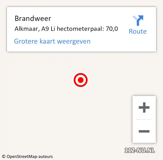 Locatie op kaart van de 112 melding: Brandweer Alkmaar, A9 Li hectometerpaal: 70,0 op 15 april 2018 20:11
