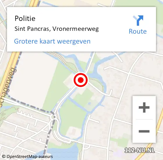 Locatie op kaart van de 112 melding: Politie Sint Pancras, Vronermeerweg op 16 april 2018 15:22