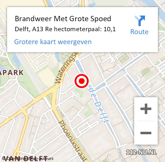 Locatie op kaart van de 112 melding: Brandweer Met Grote Spoed Naar Delft, A13 Re hectometerpaal: 9,1 op 16 april 2018 23:21