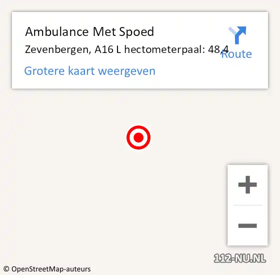 Locatie op kaart van de 112 melding: Ambulance Met Spoed Naar Zevenbergen, A16 L hectometerpaal: 48,4 op 17 april 2018 07:43