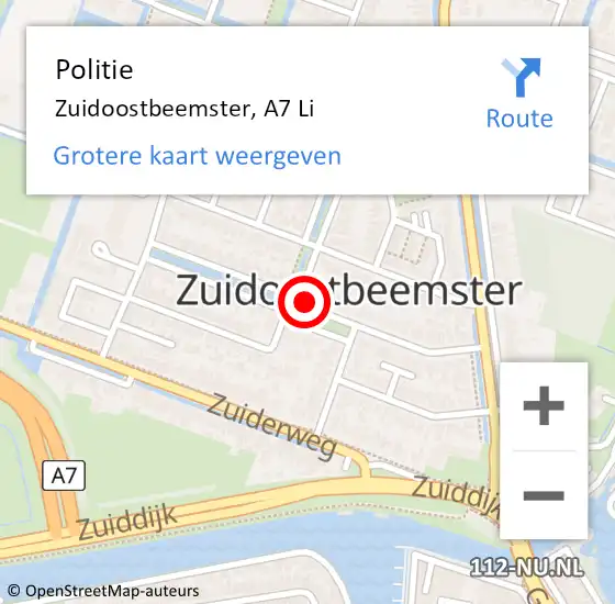 Locatie op kaart van de 112 melding: Politie Zuidoostbeemster, A7 Li op 17 april 2018 08:31