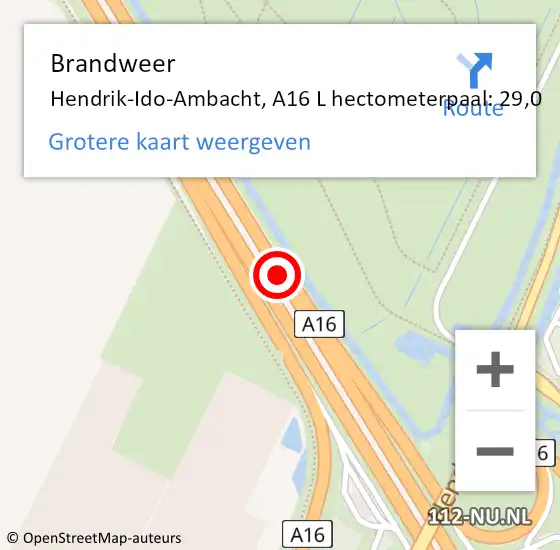Locatie op kaart van de 112 melding: Brandweer Hendrik-Ido-Ambacht, A16 L hectometerpaal: 29,0 op 17 april 2018 18:55