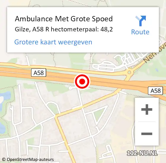 Locatie op kaart van de 112 melding: Ambulance Met Grote Spoed Naar Gilze, A58 R hectometerpaal: 48,2 op 18 april 2018 01:40