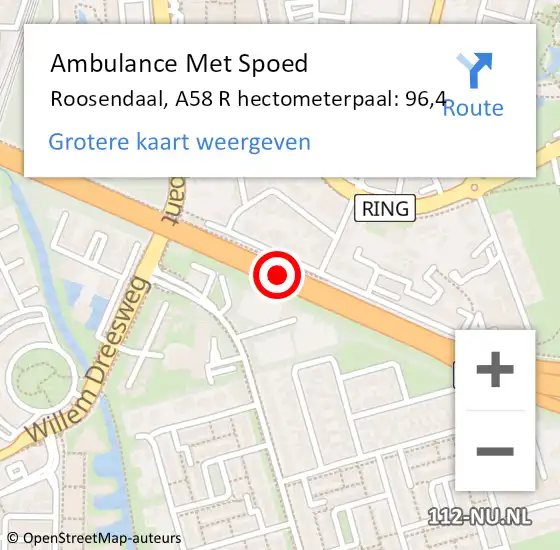 Locatie op kaart van de 112 melding: Ambulance Met Spoed Naar Roosendaal, A58 R hectometerpaal: 96,4 op 18 april 2018 05:39