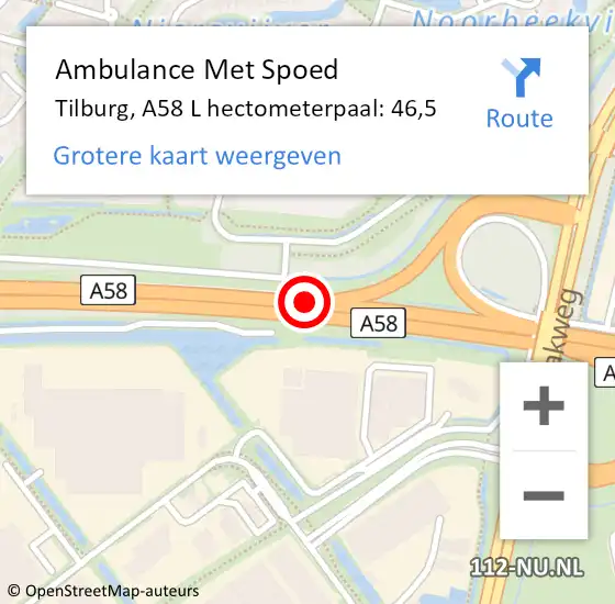 Locatie op kaart van de 112 melding: Ambulance Met Spoed Naar Tilburg, A58 R hectometerpaal: 38,0 op 18 april 2018 16:45