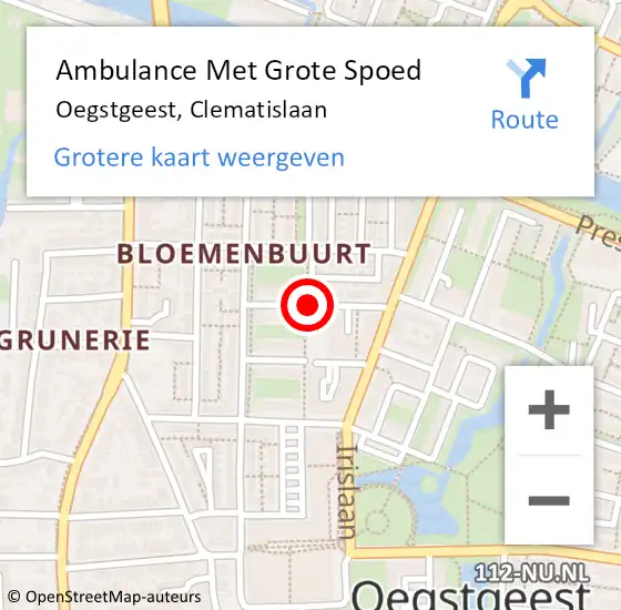 Locatie op kaart van de 112 melding: Ambulance Met Grote Spoed Naar Oegstgeest, Clematislaan op 18 april 2018 20:19